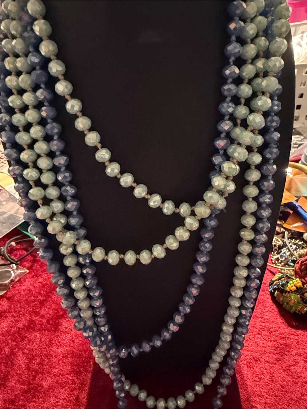 2 Vintage hand tied  faceted sugar glass beads like new 54”&64” necklaces